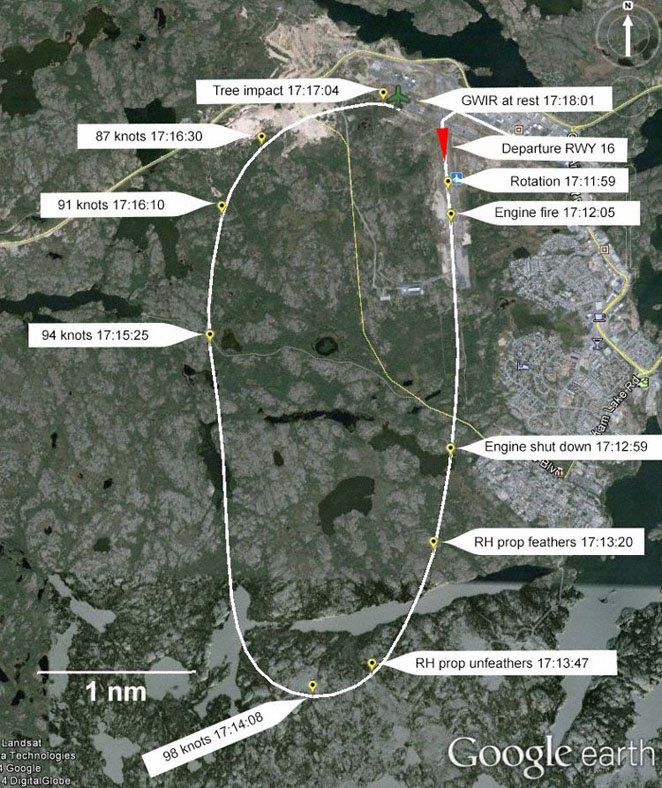 Flightpath of DC-3 C-GWIR leading up to the crashlanding